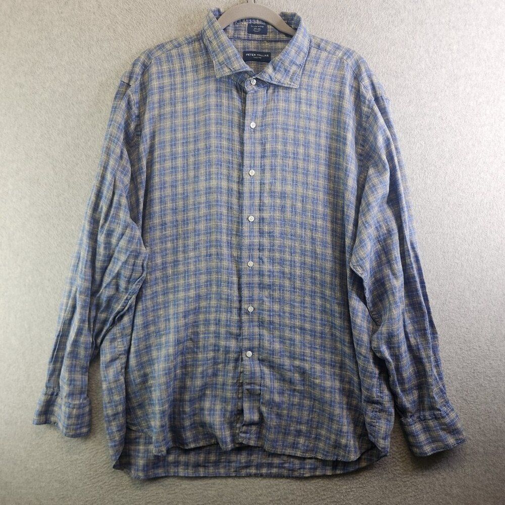 Peter Millar Shirt Mens XXL Blue Plaid Linen Long Sleeve Beach Vacation Resort